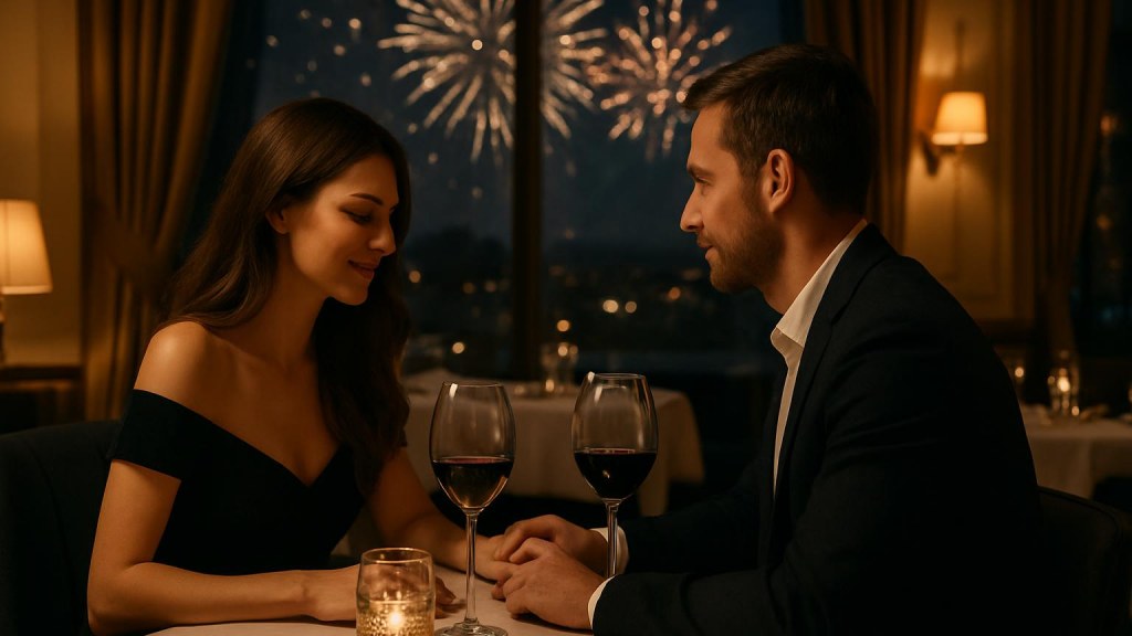 Coppia durante una cena romantica di Capodanno